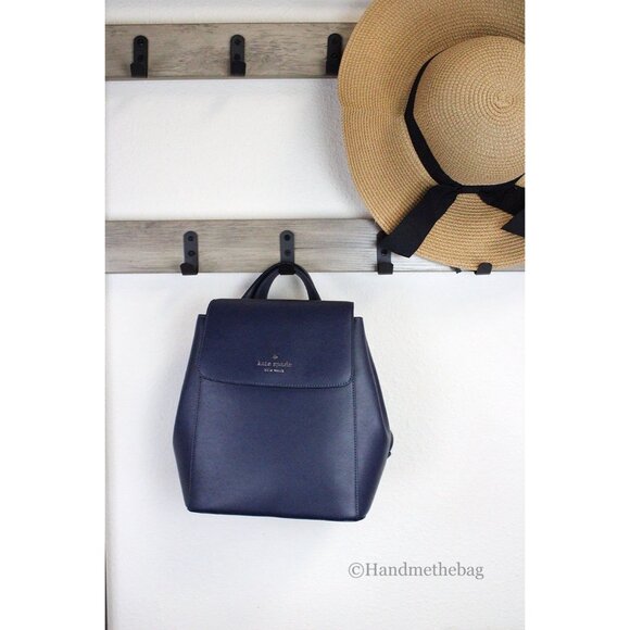 NEW Kate Spade Madison Navy Leather Medium Flap Backpack School Book - Picture 2 of 7